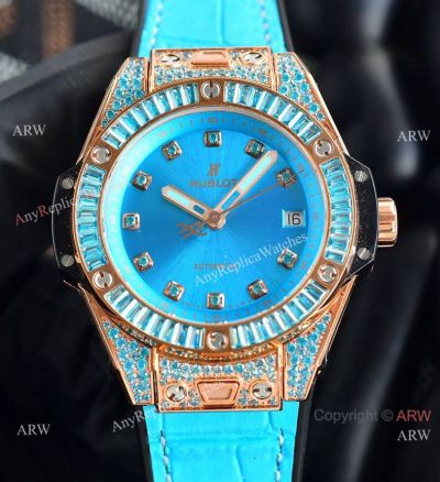 Iced Out Hublot Big Bang One Click 39 Auto Watches Sky Blue Baguette Diamond